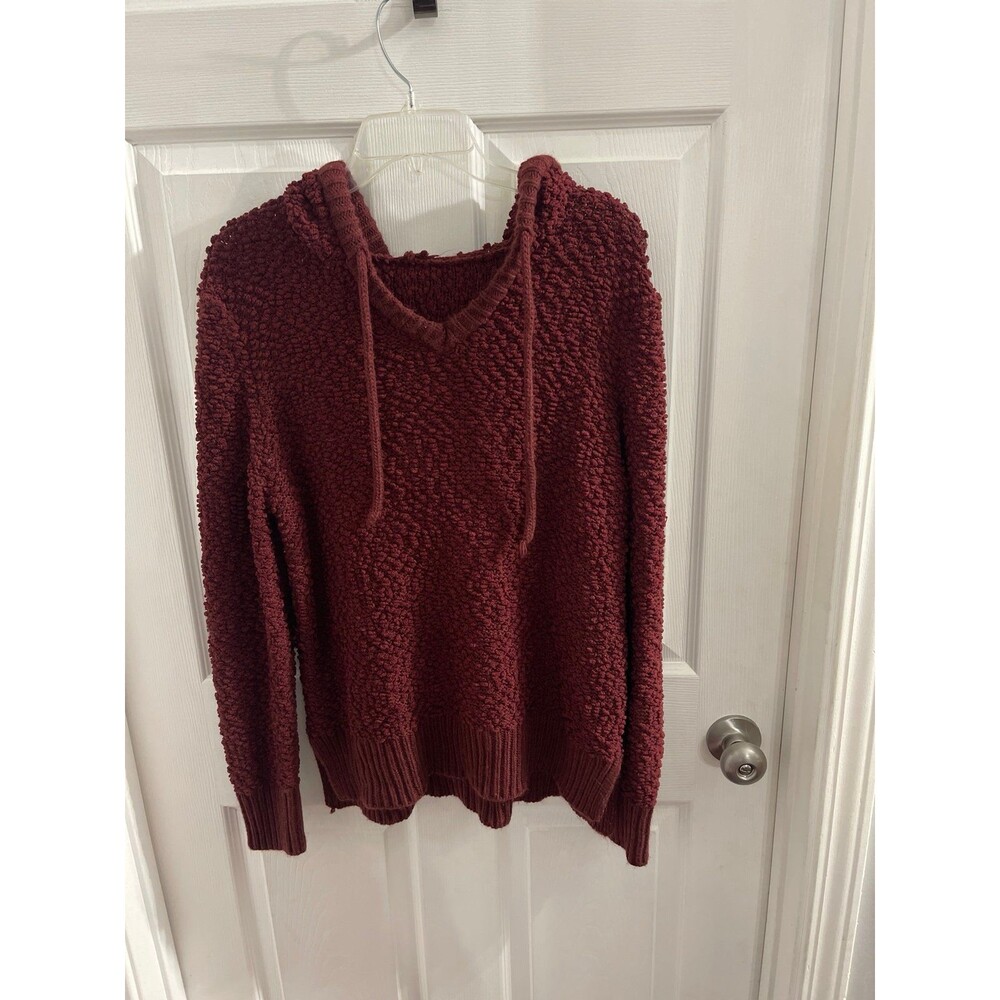 Green Tea Boucle Knit Hooded Sweater Size M Burgundy